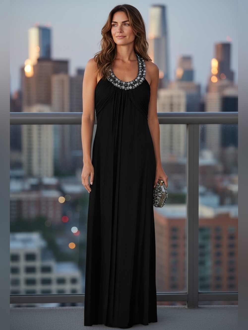 JS Boutique Black Maxi Halter Gown with Jeweled Collar